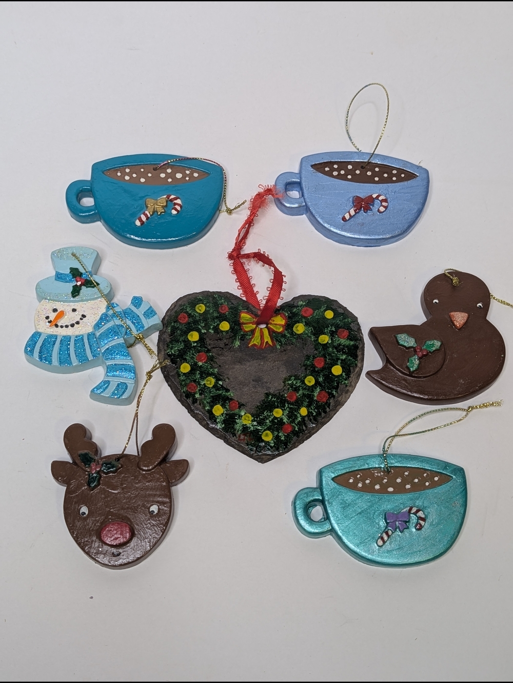 Hand Crafted teal blue brown Christmas Ornament Set
